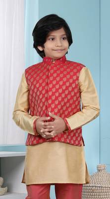 Red printed banarasi silk boys-nehru-jacket 1