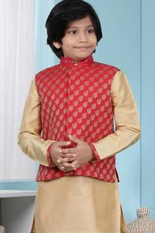 Red printed banarasi silk boys-nehru-jacket
