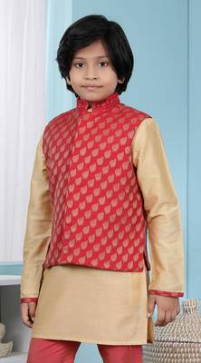 Red printed banarasi silk boys-nehru-jacket 2