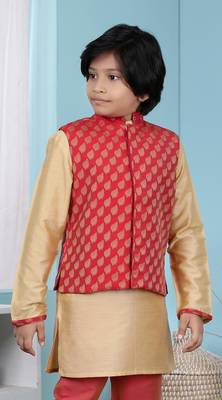 Red printed banarasi silk boys-nehru-jacket 3