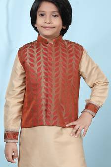Brown embroidered jamwar boys-nehru-jacket