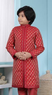 Red printed banarasi silk boys sherwani 1