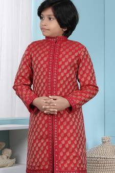 Red printed banarasi silk boys-nehru-jacket