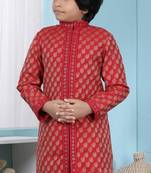 Red printed banarasi silk boys sherwani