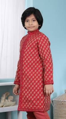 Red printed banarasi silk boys sherwani 2