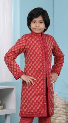 Red printed banarasi silk boys sherwani 3