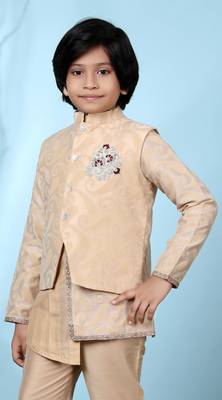 Beige embroidered banarasi silk boys-nehru-jacket 2