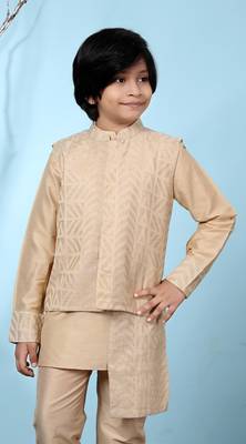 Beige embroidered banarasi silk boys-nehru-jacket 1