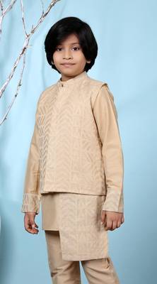 Beige embroidered banarasi silk boys-nehru-jacket 2