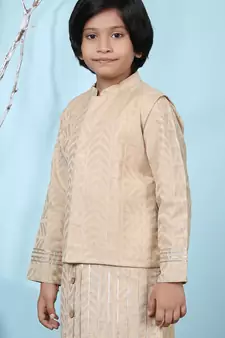 Beige embroidered banarasi silk boys-nehru-jacket