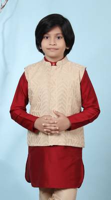 Beige embroidered banarasi silk boys-nehru-jacket 1