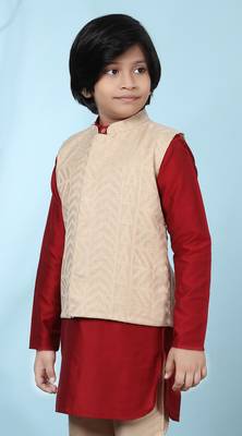 Beige embroidered banarasi silk boys-nehru-jacket 2