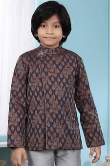 Brown printed banarasi silk boys-nehru-jacket