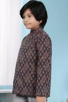 Brown printed banarasi silk boys-nehru-jacket
