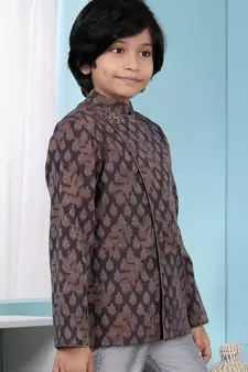 Brown printed banarasi silk boys-nehru-jacket