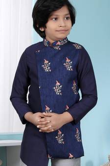 Blue embroidered jaquard boys-nehru-jacket