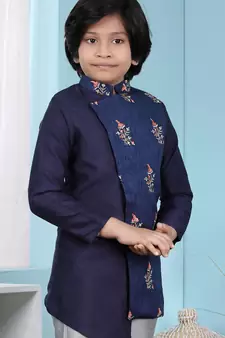 Blue embroidered jaquard boys-nehru-jacket
