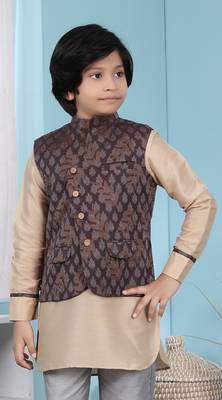 Brown printed banarasi silk boys-nehru-jacket 1