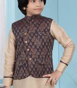 Brown printed banarasi silk boys-nehru-jacket