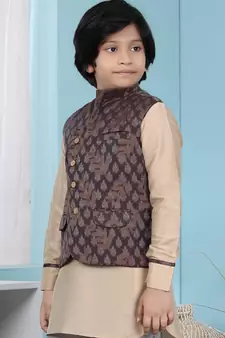 Brown printed banarasi silk boys-nehru-jacket