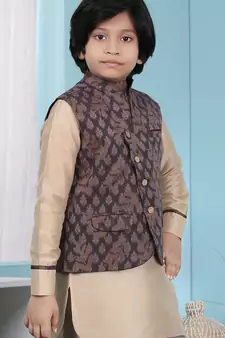 Brown printed banarasi silk boys-nehru-jacket