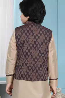 Brown printed banarasi silk boys-nehru-jacket