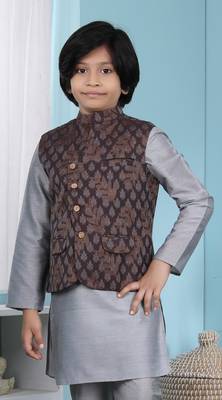Brown printed banarasi silk boys-nehru-jacket 1