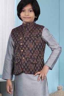 Brown printed banarasi silk boys-nehru-jacket