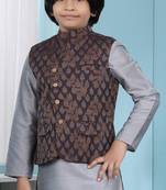 Brown printed banarasi silk boys-nehru-jacket