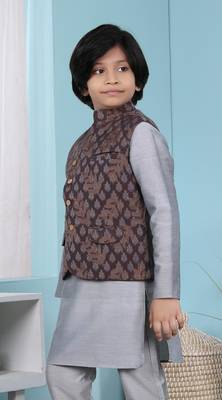 Brown printed banarasi silk boys-nehru-jacket 2