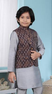 Brown printed banarasi silk boys-nehru-jacket 3