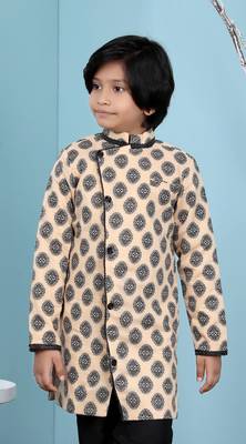 Beige printed banarasi silk boys sherwani 1