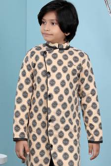 Beige printed banarasi silk boys-nehru-jacket