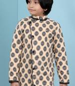 Beige printed banarasi silk boys sherwani