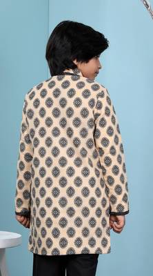 Beige printed banarasi silk boys sherwani 4