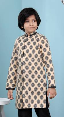 Beige printed banarasi silk boys sherwani 1
