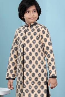 Beige printed banarasi silk boys-nehru-jacket