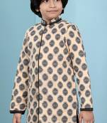 Beige printed banarasi silk boys sherwani