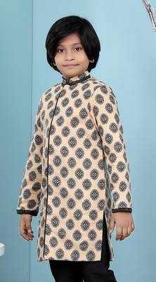Beige printed banarasi silk boys sherwani 2