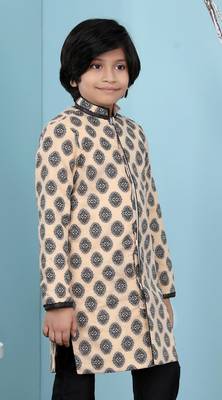 Beige printed banarasi silk boys sherwani 3