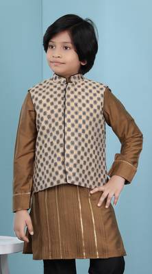 Beige printed banarasi silk boys-nehru-jacket 1
