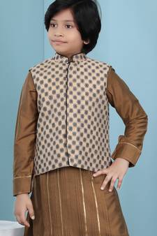 Beige printed banarasi silk boys-nehru-jacket