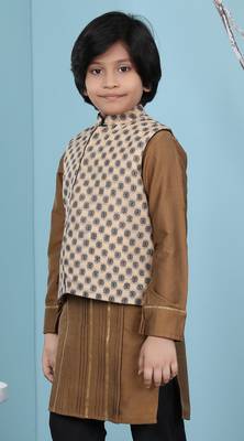 Beige printed banarasi silk boys-nehru-jacket 2