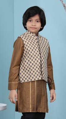 Beige printed banarasi silk boys-nehru-jacket 3