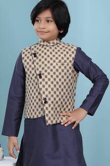 Beige printed banarasi silk boys-nehru-jacket