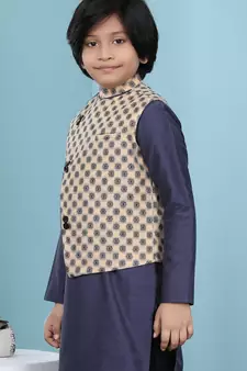 Beige printed banarasi silk boys-nehru-jacket