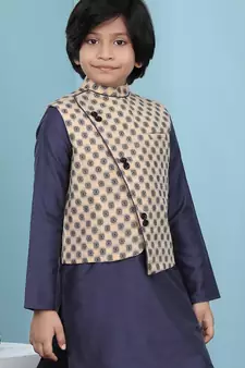Beige printed banarasi silk boys-nehru-jacket
