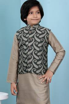 Green printed banarasi silk boys-nehru-jacket