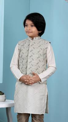 Beige printed banarasi silk boys-nehru-jacket 1