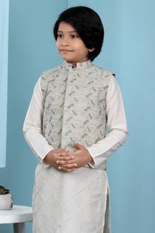 Beige printed banarasi silk boys-nehru-jacket
